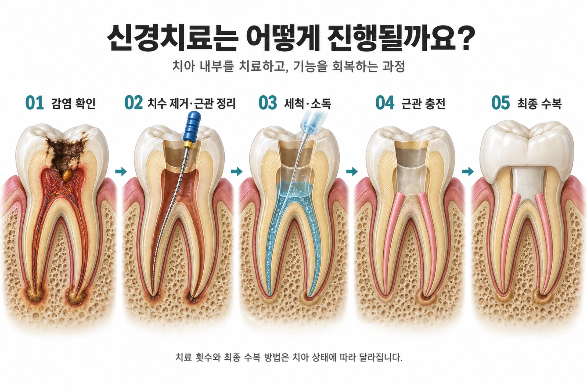치수 제거부터 최종 수복까지 신경치료 과정 개념도