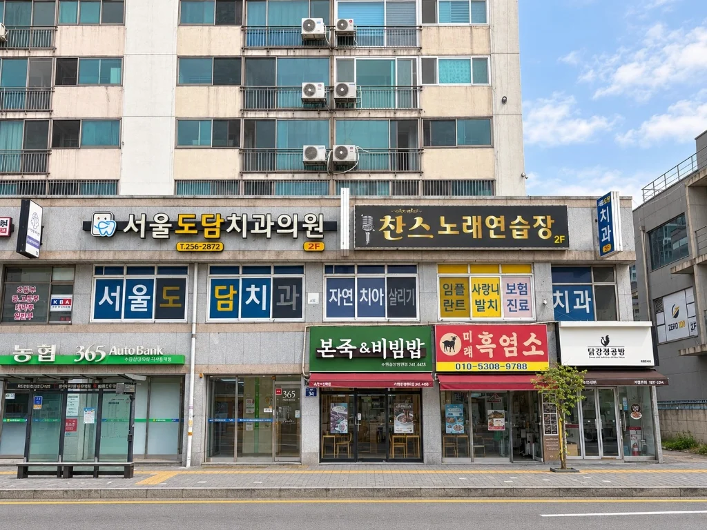 신우상가 2층 서울도담치과 간판과 1층 입구가 보이는 건물 정면
