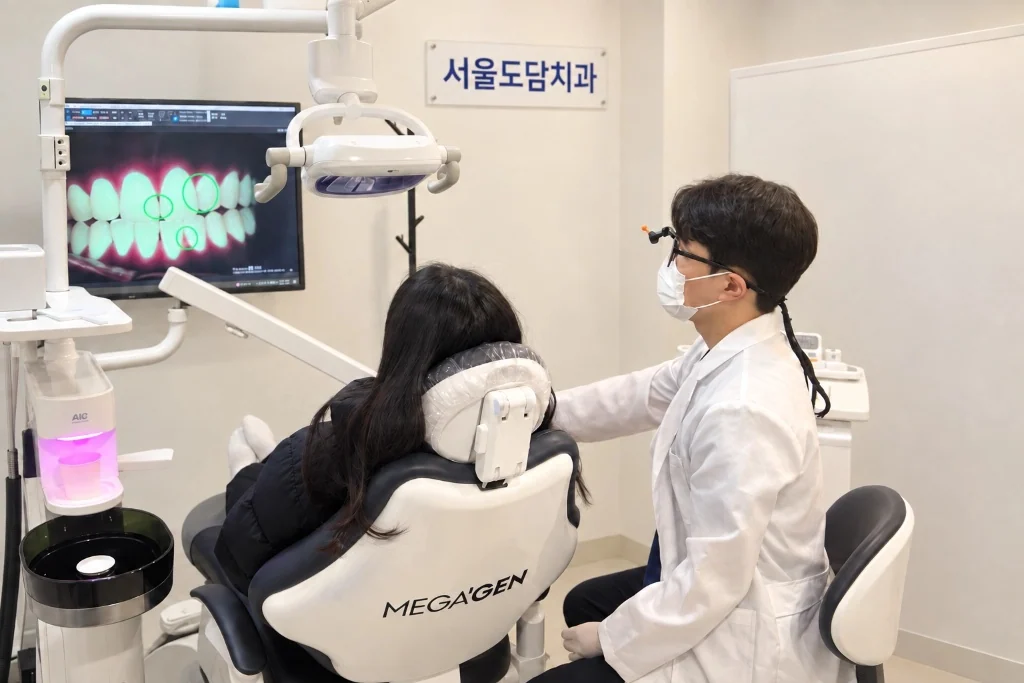 서울도담치과 진료실에서 모니터를 보며 환자에게 설명하는 한휘림 원장